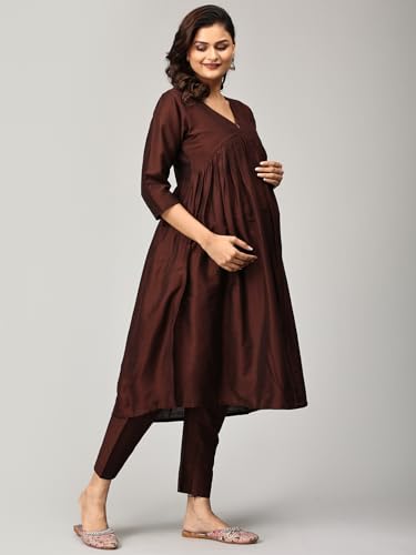 Image of The Mom Store Women's Raw Silk Maternity and Nursing Kurta Set | Front Zipper for Easy Feeding Pre and Post Pregnancy