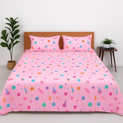 Image of Double Size Bedsheet - Dreamy Galaxies - 90 x 100 Inches - Brushed Microfiber Flat Sheet with Pillow Covers - Soft, Cooling, Wrinkle & Fade Resistant
