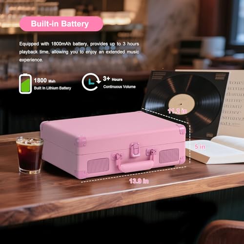 Image of Portable Record Player with Bluetooth 3 Speed Turntable Built in Rechargeable Battery Vintage Suitcase Design with RCA Line Out and Aux in