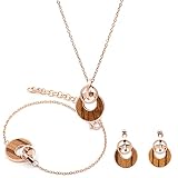 BEWELL Parure de bijoux en or rose pour femme, Ensemble de bijoux pendentif simple, collier, boucles d'oreilles, bracelet - Accessoires en bois