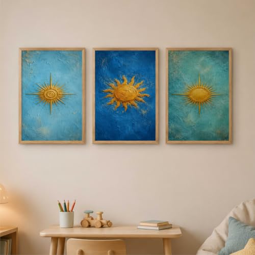 Image of Livin'luxe Set of 3 Golden Sun Abstract Wall Paintings for Living Room Bedroom Hallway Home Decor with Premium Wooden Color Synthetic Frame (13.5 x 19.5 Inch) NM03-71