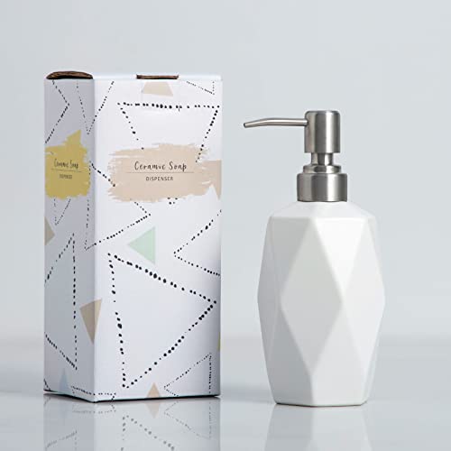 Fe Soap Dispenser, 13.5Oz Ceramic Soap Dispenser Bathroom With 304 Rust Proof Stainless Steel Pump, Decorative Rhombus Design Liquid Hand Soap Dispenser For Kitchen & Bathroom (White) #TOP6