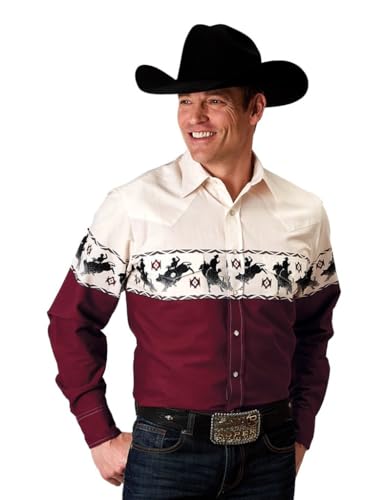 Men's Vintage Bull Rider Border Print Long Sleeve Pearl Snap Western Shirt - 03-001-0421-0308 RE