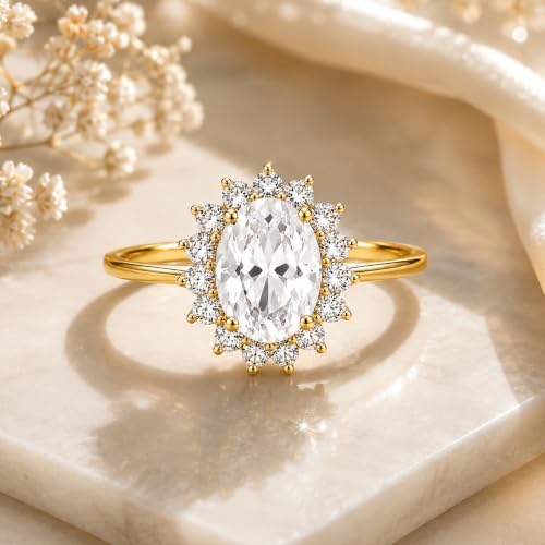 Image of Princess Diana Inspired Halo Birthstone Ring for Women Girls | Pure 925 Sterling Silver with AAA+ Natural Gemstone | 18K Gold-Plated | Best Gift for Birthday, Anniversary, or Valentine�s Day