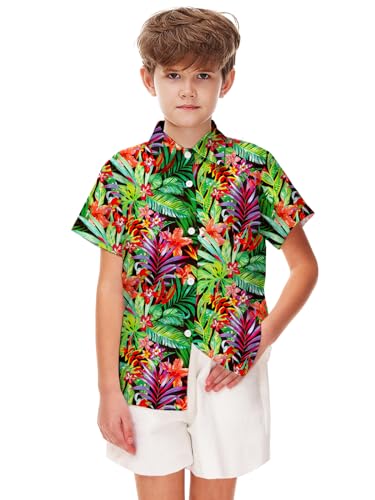 Image of Remimi Unisex Kids 4th of July Button Up Shirt Boys American Flag Print Hawaiian Beach Short Sleeve Tops 5-14 Years
