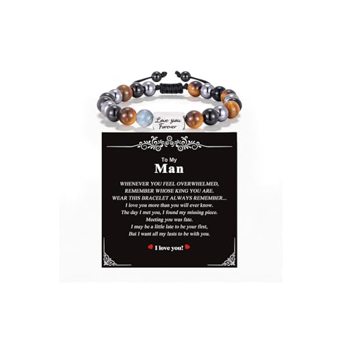 Crystal Bracelet Gifts for Men Him-8MM Triple Protection Hematite Black Obsidian Tiger Eye Natural Gemstone Beaded Adjustable ID Engraving Love You Forever Bracelets for Boyfriend Husband Healing Jewelry Gifts