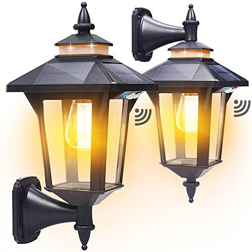 Kuniwa Solar Wall Lights Outdoor : Dusk to Dawn Solar Porch Ligh,3 Modes & Motion Sensor Waterproof Wall Sconce Lantern Lamp for Patio Garage Garden Barn Yard House, 2 Types of Wall Mount, 2 Pack