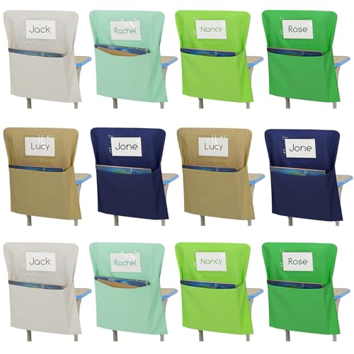 Locmeo 12 Pcs Chair Pockets for Classrooms 20 x 17 Inch Chair Pockets Organizer with Name Tag for Keeping Student Book School Table Organized(Green)