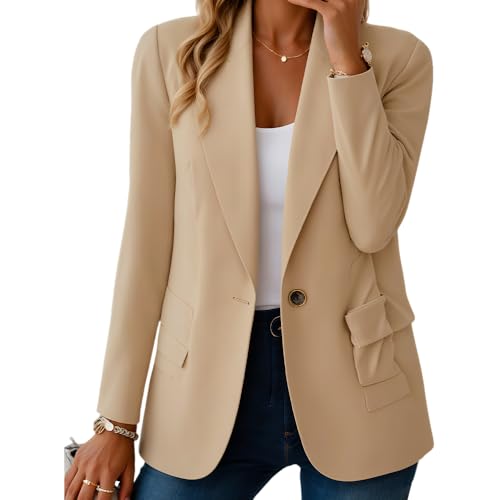 Women's Minimalist Solid Button Lapel Collar Blazer Long Sleeve Casual Bussiness Jackets Work Blazer