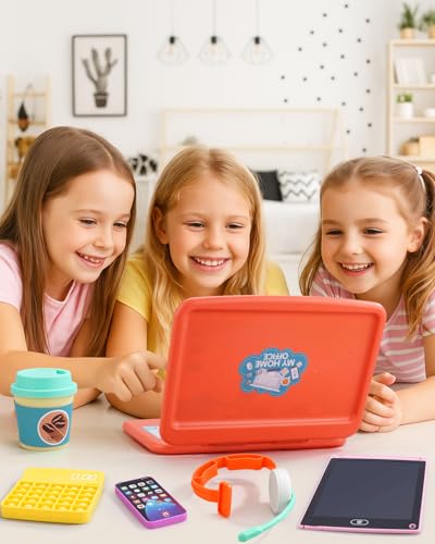 Pretend Play Home Office Set-Toy Kids Laptop,2 Cell Phones,LCD Writing Tablet,Pop Fidget Calculator,Headset & Beverage Cup for Toddlers(Ages 3+)-Work Simulation Play - Thumbnail 2