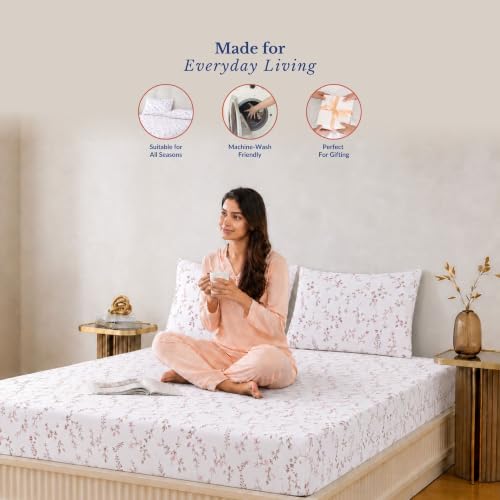 Image of Jaipur Weaves Queen Size Fitted Bedsheet Cotton with Elastic, 100% Pure Cotton Double Bed Fitted Sheet with 2 Pillow Covers, 240 TC, 60x78 Inches up to 8-inch Mattress, Floral Design - (Tulips Pink)