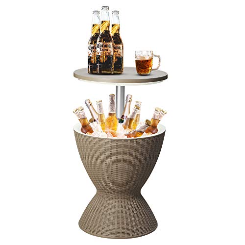 DOIT Height Adjustable Patio Cool Bar Table, All-Weather Cool Wicker Outdoor Bar Table with Ice Bucket for Party, Pool, Deck, Beach - Coffee