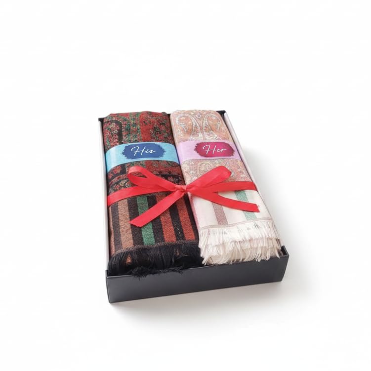 naureen His And Her Set Of Faux Pashmina Kani Shawl with Mughal Artwork and Zari Accents, Premium Git Box Packing. Black & White.-picture-30
