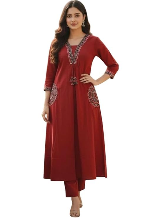 fabyuti Women's Pure Cotton V Neck Embroidery Work Kurta with Pants Set-picture-55