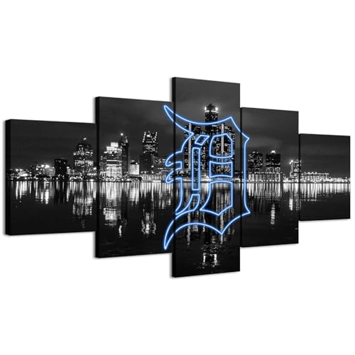 Detroit Michigan B&W Photography Poster With Neon effect Tigers Sign (5-Panel Framed Canvas Printing Full Size: 60x100cm) Home Decor Man Cave Wall Art