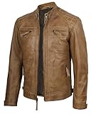 fjackets Real Lambskin Leather Biker Jacket — Quilted Cafe Racer Zip Up Moto Leather Jacket Men | [1103174] Diamond1 Camel, L