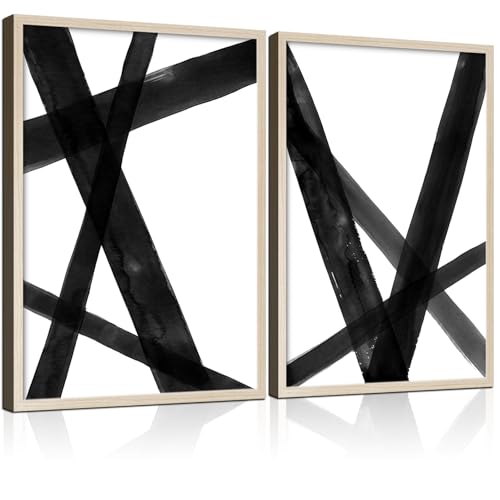 2Pcs Framed Black and White Abstract Line Wall Art Canvas