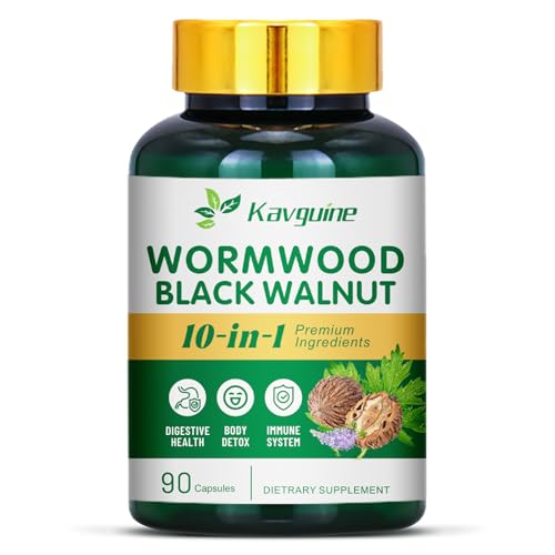 Kavguine 10 in 1 Wormwood Capsules - 90 Capsules Supplement Black Walnut Hulls Cloves Black Pepper Turmeric Curcumin Root Peppermint Leaf Supports Cut Health & Digestive Balance