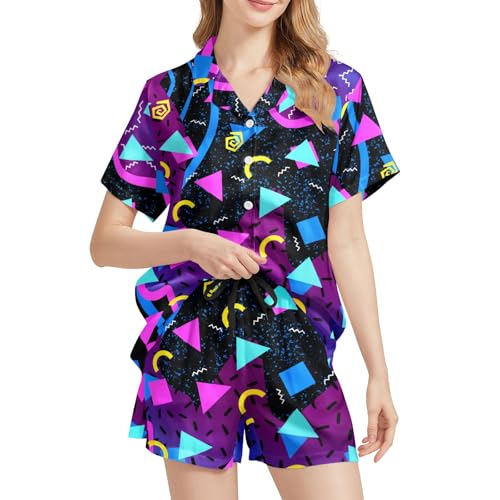 Image of Silk Satin Pajama Set for Women Summer Lounge Pjs Sets 2 Piece Suit Ladies Button Down Tops And Shorts Sleepwear