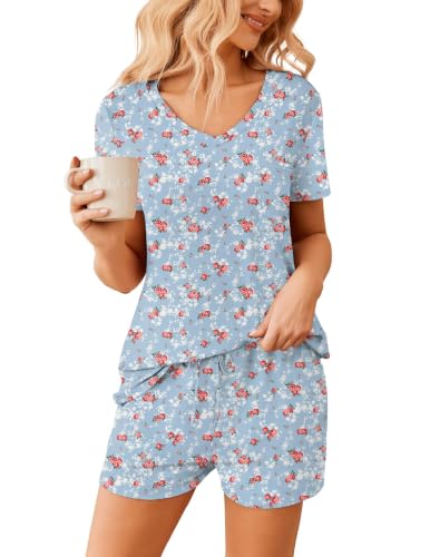 Image of Ekouaer Womens Pajama Sets Short Sleeve Pajamas for Women Sets Soft Lounge Sets Casual V Neck Sleepwear PJS