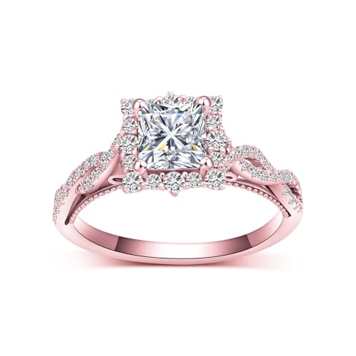 Princess Cut Moissanite Halo Engagement Ring Wedding Band Set with GRA Certificate, Rose/Yellow/White Gold Infinity Twist Bridal Sets for Women Her 925 Sterling Silver Jewelry Gift for Anniversary Wedding Size 4-122