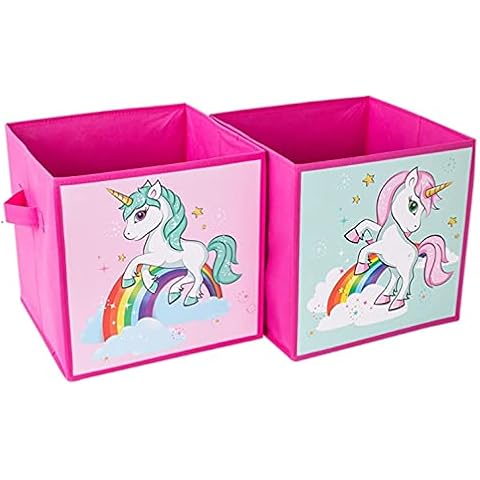 Royle Home Fabric Pink Unicorn 26x26cm Square Folding Kids Storage Box Cube (Set of 2) Cover