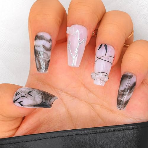Sethexy Long Coffin Handmade False Nails - Black, Ink Painting, 3D Design, Floral Press on Nails Women Salon Stick on Nails 10PCS - Image 3