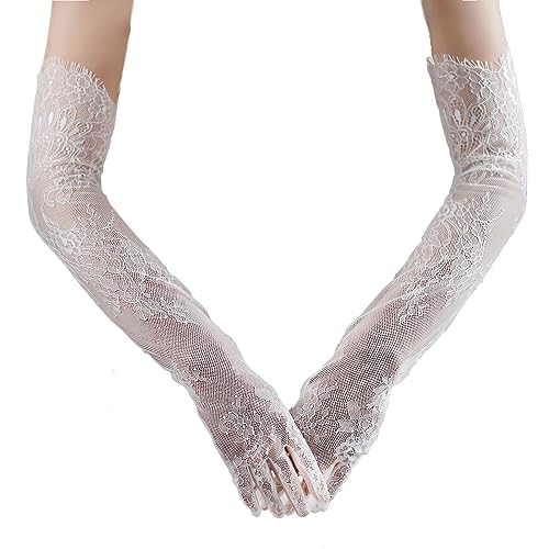 AMBRE ADÈLE Braut-Spitzenhandschuhe – elegante 61 x 12,7 cm weiße Handschuhe für formelle Anlässe, Weiss/opulenter Garten, Einheitsgröße