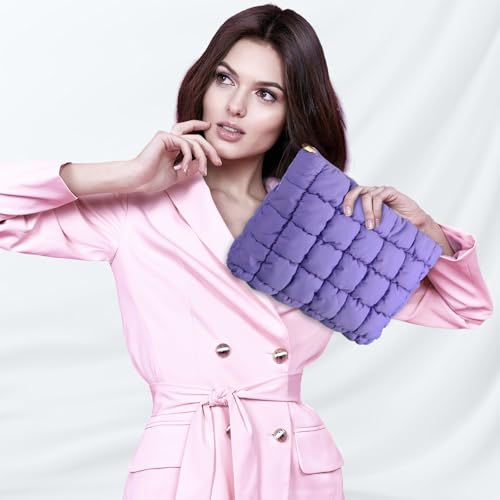 Hillban Puffy Quilted Makeup Bag Quilted Cosmetic Bag Cute Puffer Toiletry Checkered Pouch Aesthetic Travel Makeup Brushes Organizer(Purple,Classic) 6