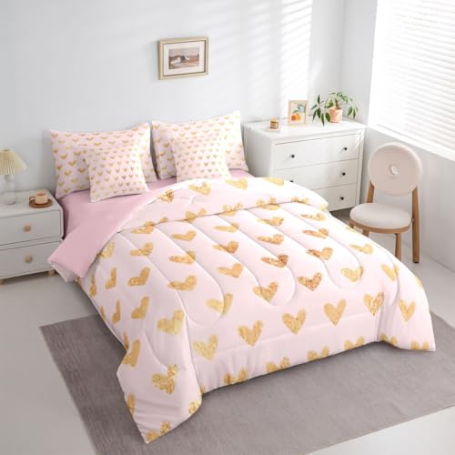 Image of Erosebridal Cute Heart Pattern 7 Piece Comforter Set Queen Bed in A Bag Gold Pink Bedding Set for Girls Kids Valentine Love Geometric Sheet Set with Comforter Love Heart Duvet Insert