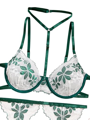 Image of Lilosy Sexy Choker Floral Lace Scallop Sheer Underwire Push Up Garter Belt Lingerie Set 3 Piece
