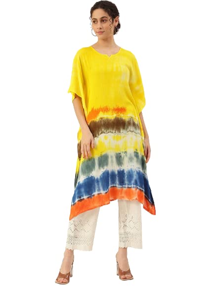 Image of Maaesa Women Handcrafted Tie & Dye Rayon Crepe Kaftan Kurta | Casual Wear | Flowy Kaftan Style | Lightweight & Breathable Fabric