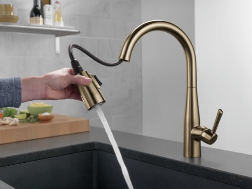 Image of Delta Essa Brushed Gold Kitchen Faucet with Pull Down Sprayer, Modern Single Hole Kitchen Sink Faucet, Single Handle, Champagne Bronze 9113-CZ-DST