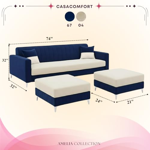 Image of Amelia 5 Seater L Shape Sofa Set with 2 Movable Ottomans | Flexible Layout | Rich Velvet Suede Fabric | Silver Legs | Spacious Soft Seating | Modern Sofa for Living Room (Dark Blue-Cream)
