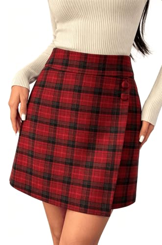 Pink Queen 2026 Trendy Womens Wool Plaid Mini Skirt with Pockets Fall Outfits Red