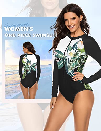 Selink SLYS20004BLACK-3XXL Women'S Long Sleeve Rash Guard Uv Protection Zipper Printed Surfing One Piece Swimsuit Bathing Suit Black-3 Xxl thumb #3