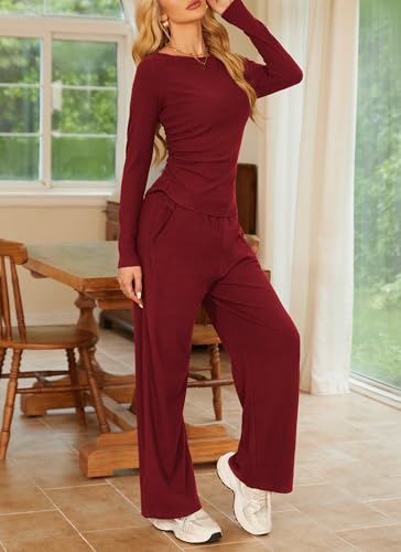 Women's Fall Two Piece Outfits Asymmetrical Long Sleeve T Shirt Wide Leg Pants Lounge Sets for Women Casual Tracksuit3