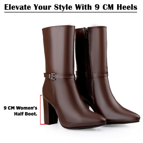 Image of Women's 3.5 Inch Block Heel Height, Classic Leather-Stylish Mid Calf (Half Boot) Buckle Boots