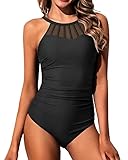 Holipick Solid Black Women High Neck One Piece Swimsuit Tummy Control Halter Slimming Bathing Suit Mesh Swimwear for Teen Girls L(US 12-14)