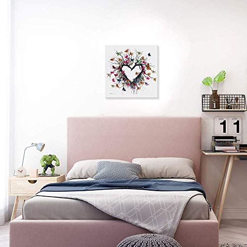 Yidepot Butterfly Canvas Print Wall Art For Bedroom: Heart Shaped Branches Surrounded By Colorful Butterflies Love Themed Picture For Teen Girls (12"X12"X1 Panel) #TOP4