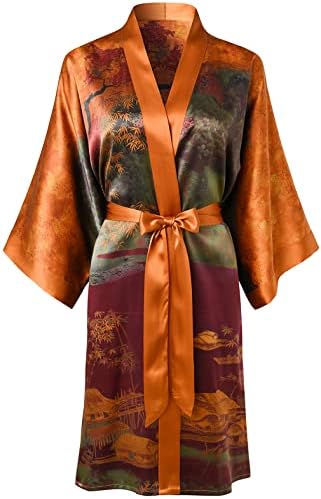 Ledamon Women's 100% Silk Kimono Short Robe (Landscape - Golden)