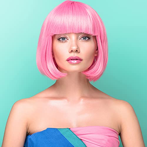 Image of PLULON Pink Short Bob Wig and Sunglass Set, Neon Short Bob Wig Sunglass Pack Costume Colorful Cosplay Wig Hairpieces for Bachelorette Neon Party Favors, Halloween Decorations