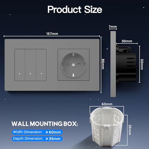 BSEED Normal Steckdose mit Smart Lichtschalter(Neutralleiter Erforderlich), Wlan Schalter Unterputz Kompatibel mit Alexa und Google Home, Taster Schalter 3 Fach 1 Weg mit PC Rahmen, Grau