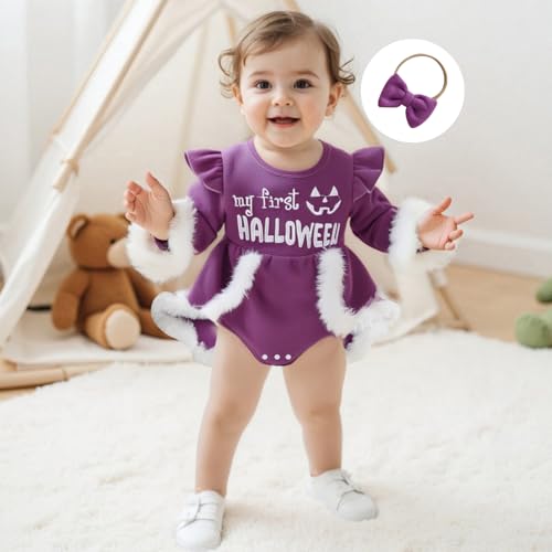 My First Halloween Baby Girl Outfit Ruffled Long Sleeve Velvet Romper Dress Fur Trim Party Dress Fall Clothes Headband3