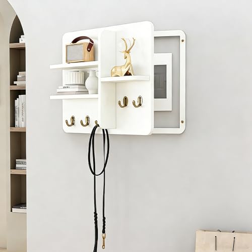 Fuse Box Cover Cabinet, Wall Mounted Fuse Box Cover Cabinet, Wooden with Shelf &amp; Hooks, for Living Room Home Office(White-a,45 * 35cm/17.7 * 13.8in)