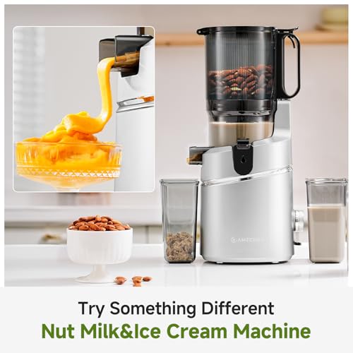 Image of AMZCHEF Cold Press Juicer with 5.8 inch Large Feed Chute, Slow Masticating Juicer for Whole Fruits & Vegetables, 3-Layer Strainer, Copper Motor, High Juice Yield, Easy to Clean, Silver