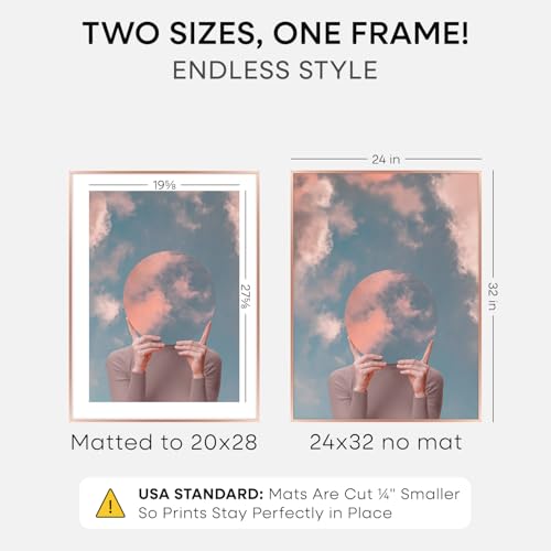 Image of Homeforia 24x32 Rose Gold Picture Frame, High End Metal 24x32 Poster Frames with Mat 20x28 inch Photo, 24 x 32 Thin Frame Matted to 20 x 28 Print, 32x24 Large Frame, Tempered Glass, Wall Kit, Set of 1