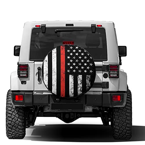 Image of USA Patriotic Firefighter Thin Red Line Flag Spare Tire Cover Wheel Tire Cover Fit Trailer, RV, SUV and Many Vehicle 12inch