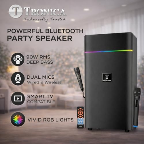 Tronica Boom Box Bluetooth Party Speaker 90W RMS with Dual Mics (Wired & Wireless) | Powerful Bass | USB/FM/AUX Smart TV Compatible | Remote Control | Vivid RGB Lights | Karaoke & Home Theater System 4 41e3asnDhTL
