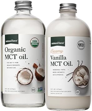 Natural Force Creamy Vanilla MCT Oil + Organic MCT Oil Gluten-Free, Non GMO, 100% Pure Coconut MCTs from Organic Coconuts Keto, Paleo, and Vegan 2X 16 Ounce Glass Bottles
